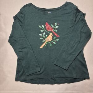 Croft & Barrow Green Cardinal Bird Long Sleeve Tee L Petite